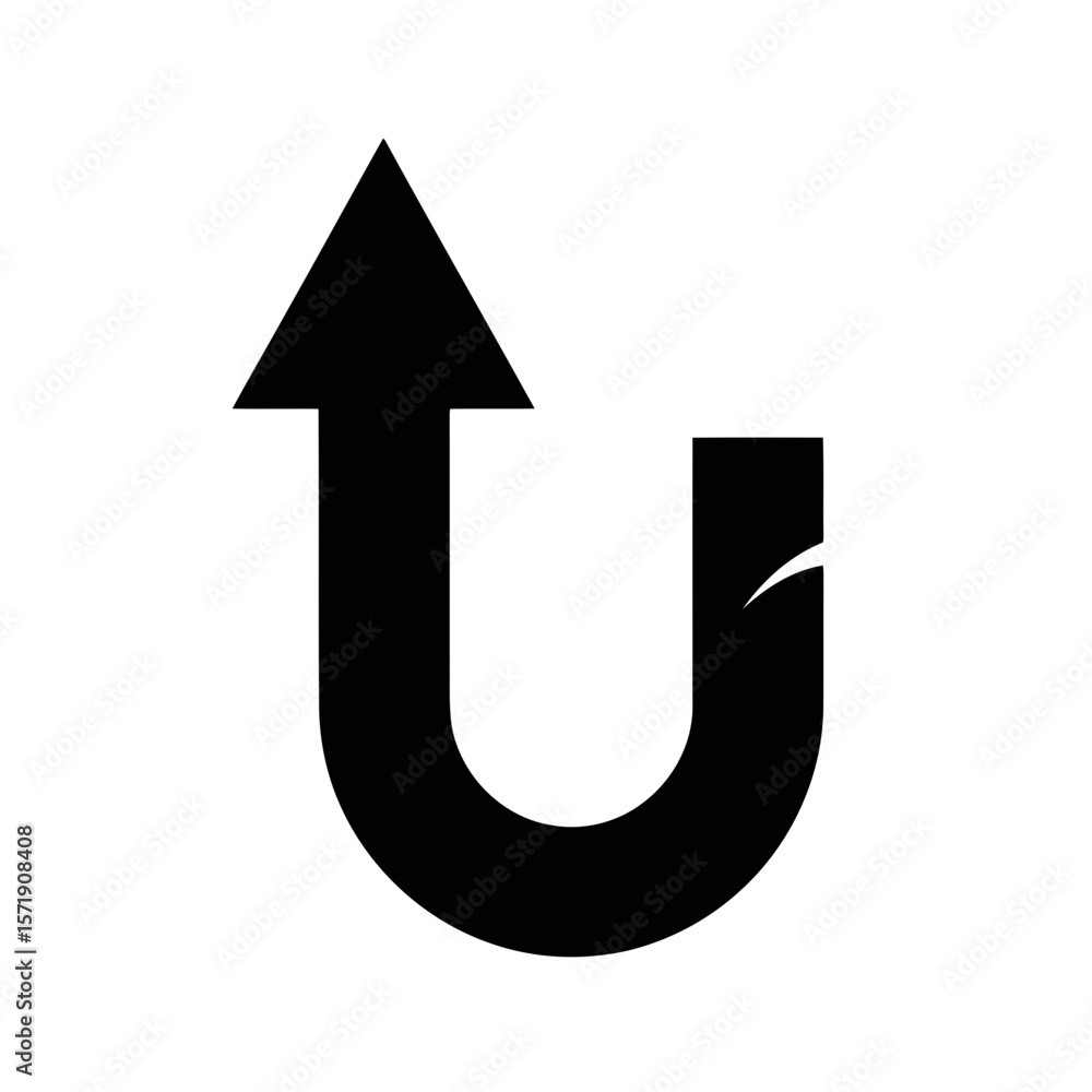 Poster a black uturn arrow pointing upwards, isolated on white background, indicating a return or reversal 