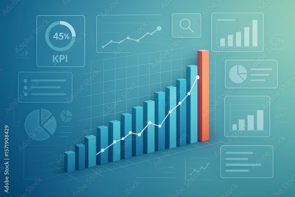 Poster a bar graph showing growth with kpi and other data visualization icons