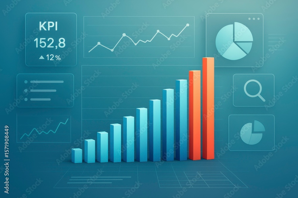 Poster visualization of kpi data with bar graph and charts on blue background