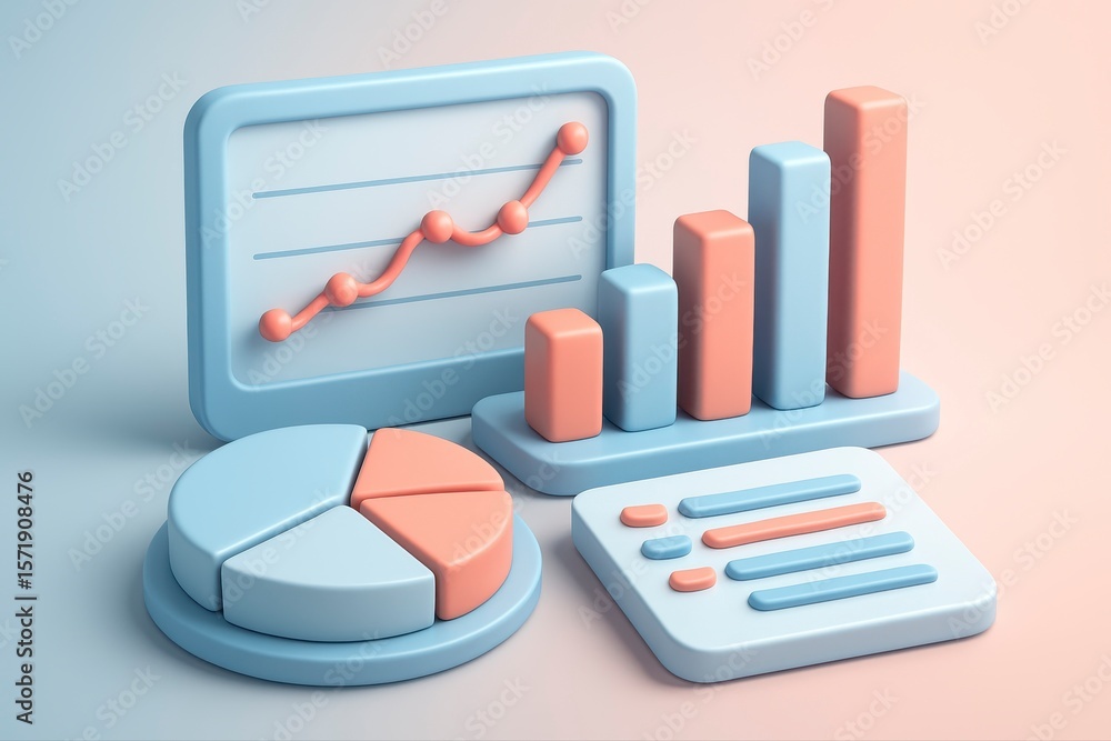 Poster pastel data representation with charts and graph in a 3d illustration