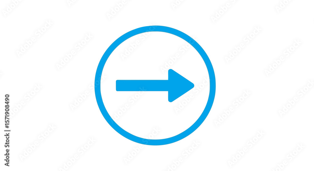 Poster a blue arrow points to the right within a circle, indicating direction and navigation isolated on wh