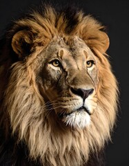 Fototapeta premium Majestic Male Lion with a Golden Mane Looking Upwards Against a Dark Background
