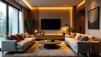 Cozy living room interior with comfortable furniture, warm lighting, and stylish decor, perfect for relaxation and entertainment , minimalist, inviting, wood