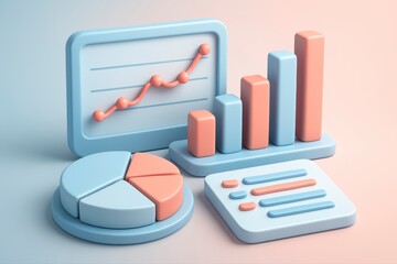 Pastel data representation with charts and graph in a 3d illustration