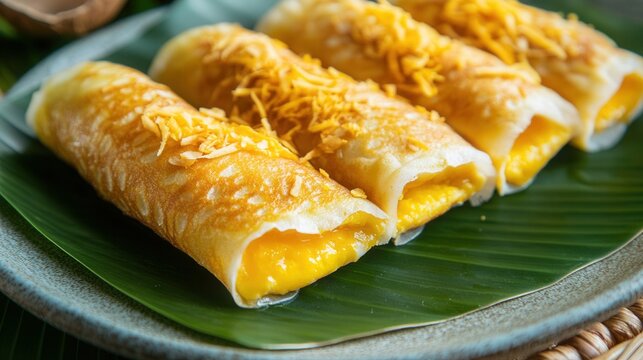 Four turon banana lumpia are arranged on a banana leaf