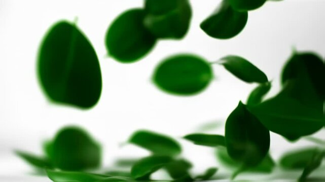 Elegant minimalist animation showcasing fresh green foliage gently falling against a stark white background, loopable serene motion