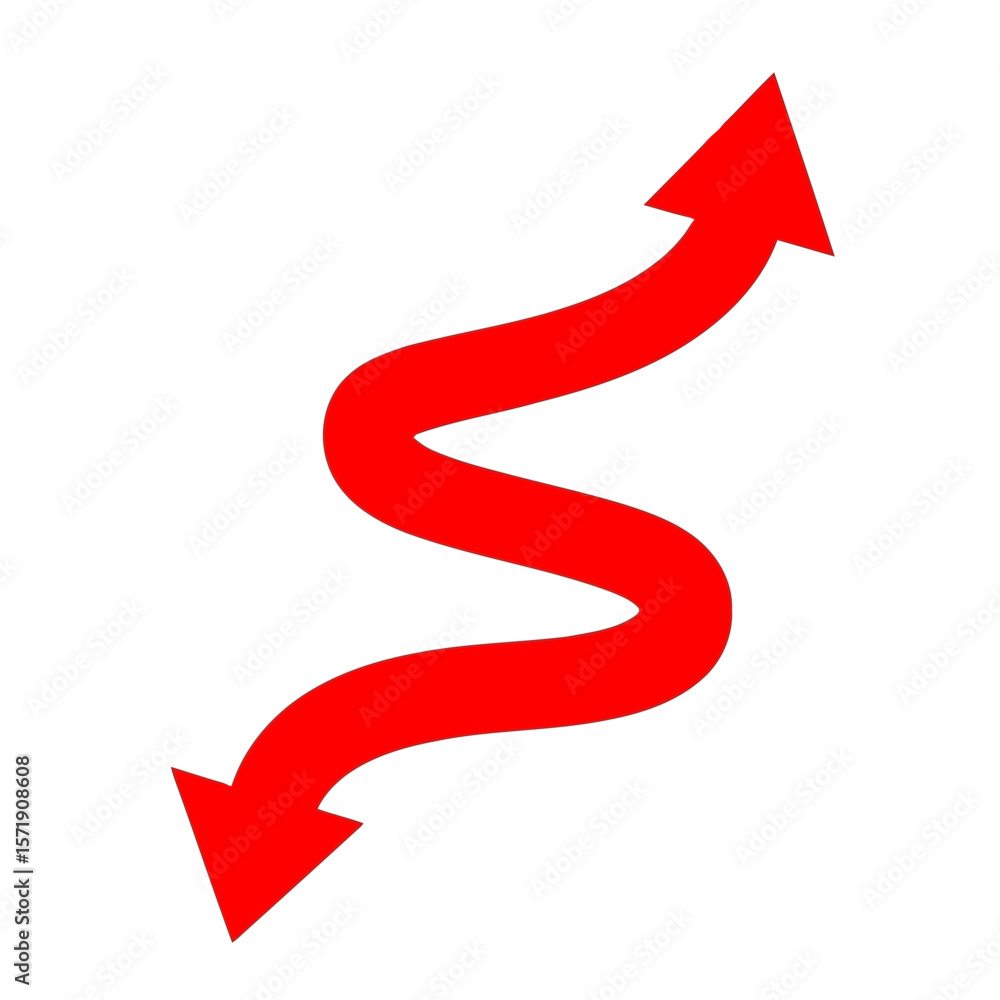 Poster a red curved arrow pointing both upwards and downwards in a zigzag pattern is isolated on white back