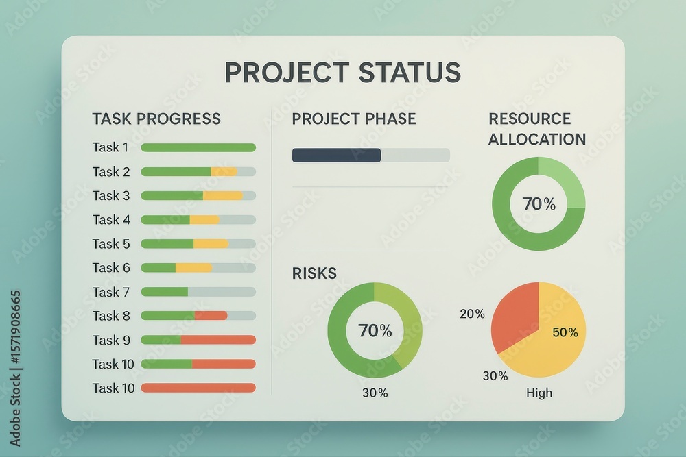 Poster project status dashboard showing task progress and resource allocation