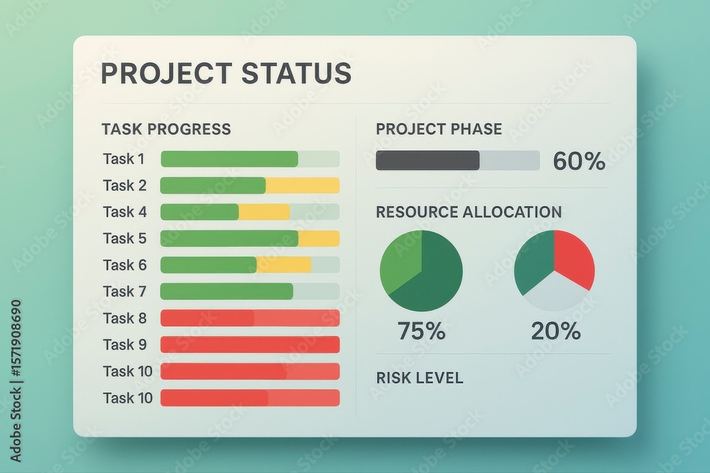 Poster project status dashboard showing task progress and resource allocation