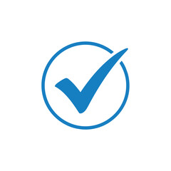 A blue check mark is enclosed in a circle, isolated on white background