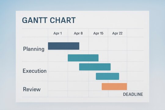A gantt chart showing planning execution and review with a deadline