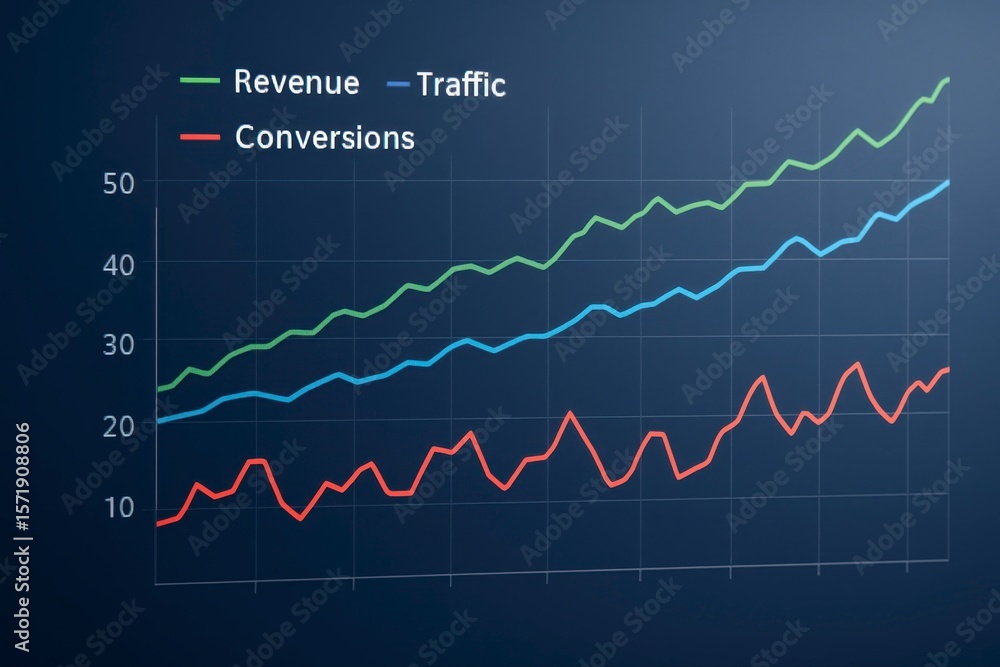 Aufkleber graph displaying revenue traffic and conversions trending upwards over time