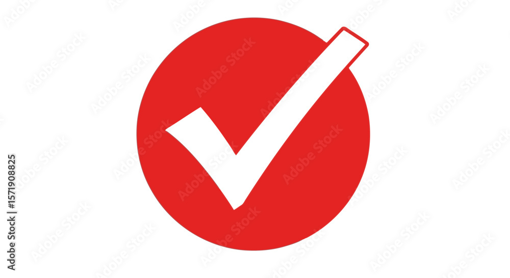 Poster a red check mark inside a red circle is isolated on white background