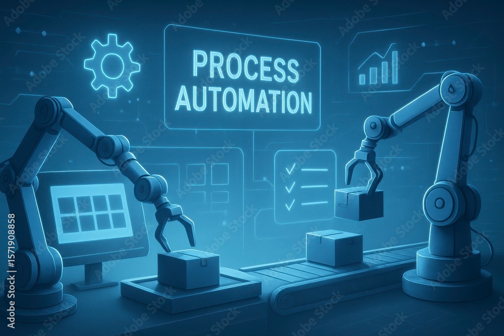 Poster robotic arms automating process with boxes on conveyor belt system
