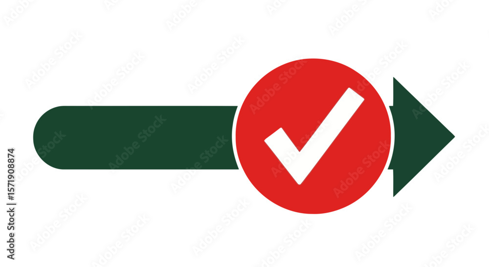 Poster a red check mark on a green arrow isolated on white background indicates a successful step forward i