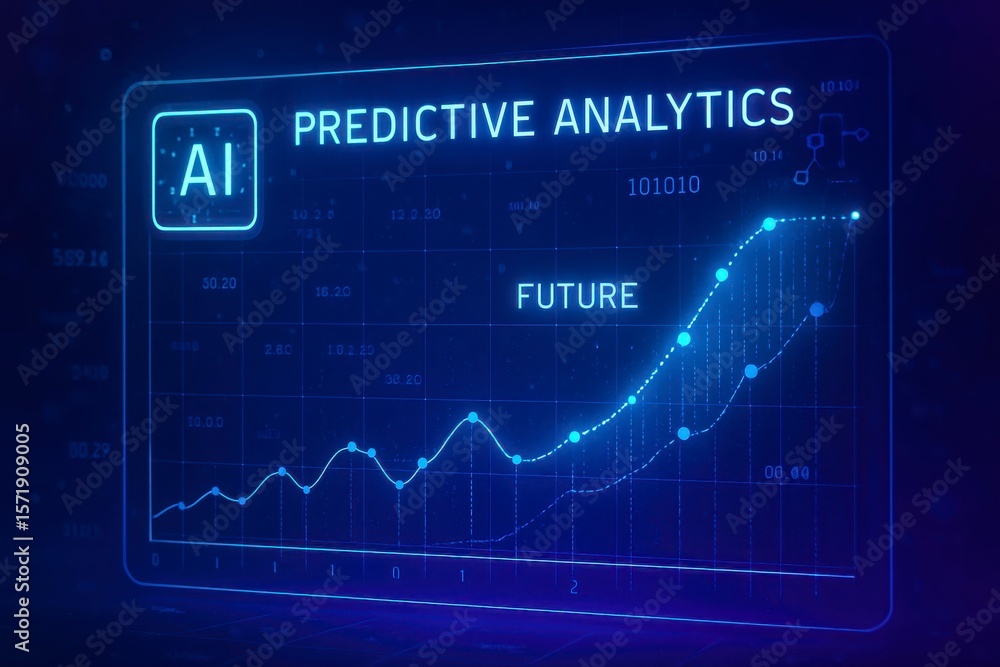 Poster Predictive analytics display with ai and a rising graph of the future