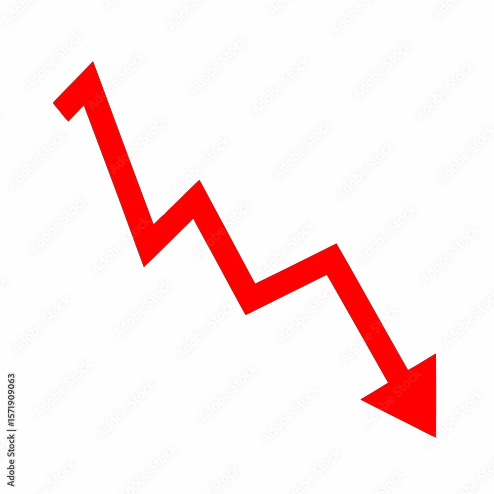 Poster a jagged red arrow pointing downwards is isolated on white background, representing a sharp decline 