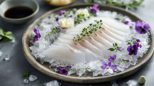 Slices of white fish sashimi are presented on ice with edible flowers