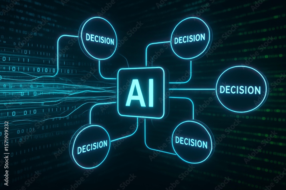 Poster artificial intelligence concept with decisions connected to the ai core