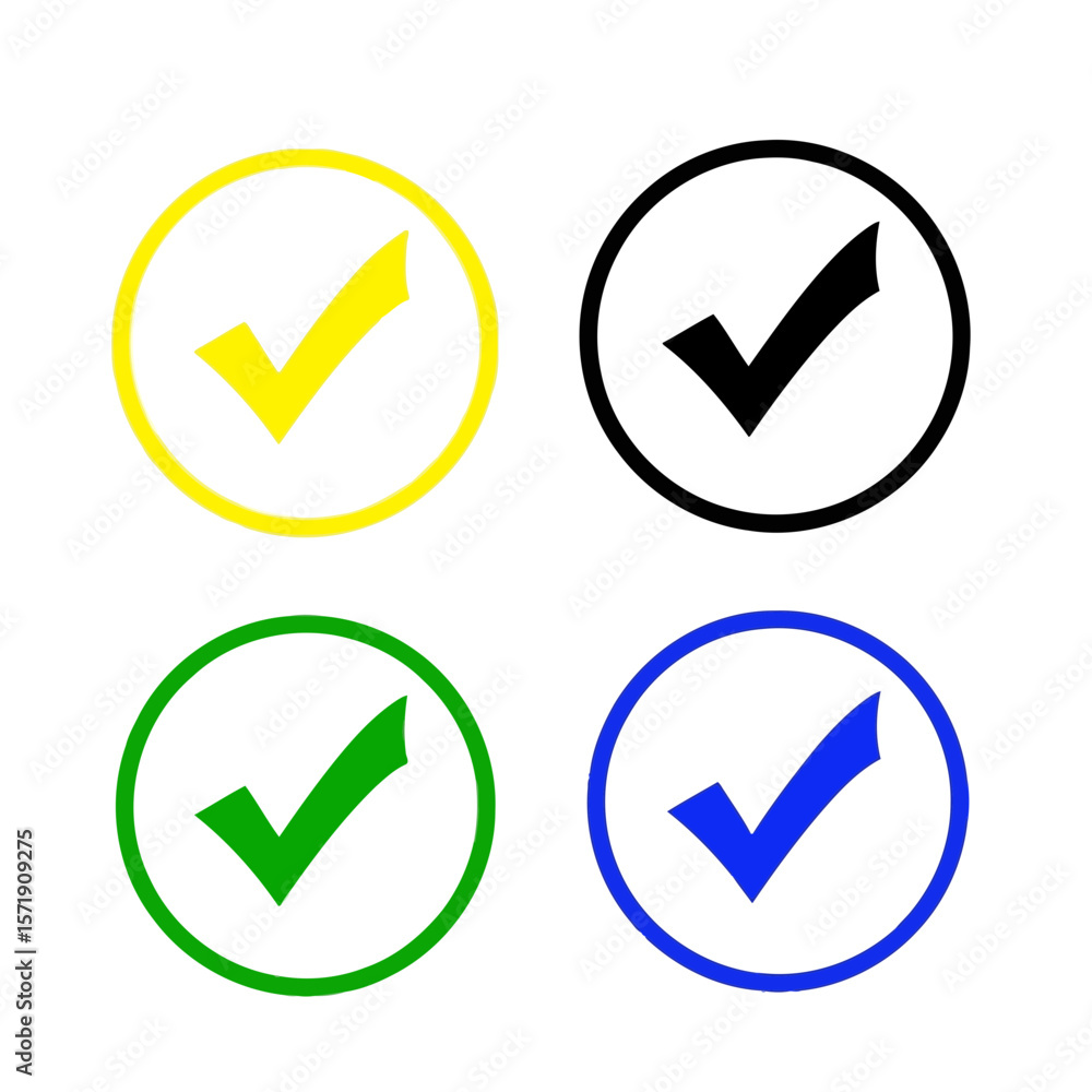 Aufkleber four colorful check marks in circles, isolated on white background, representing approval and valida