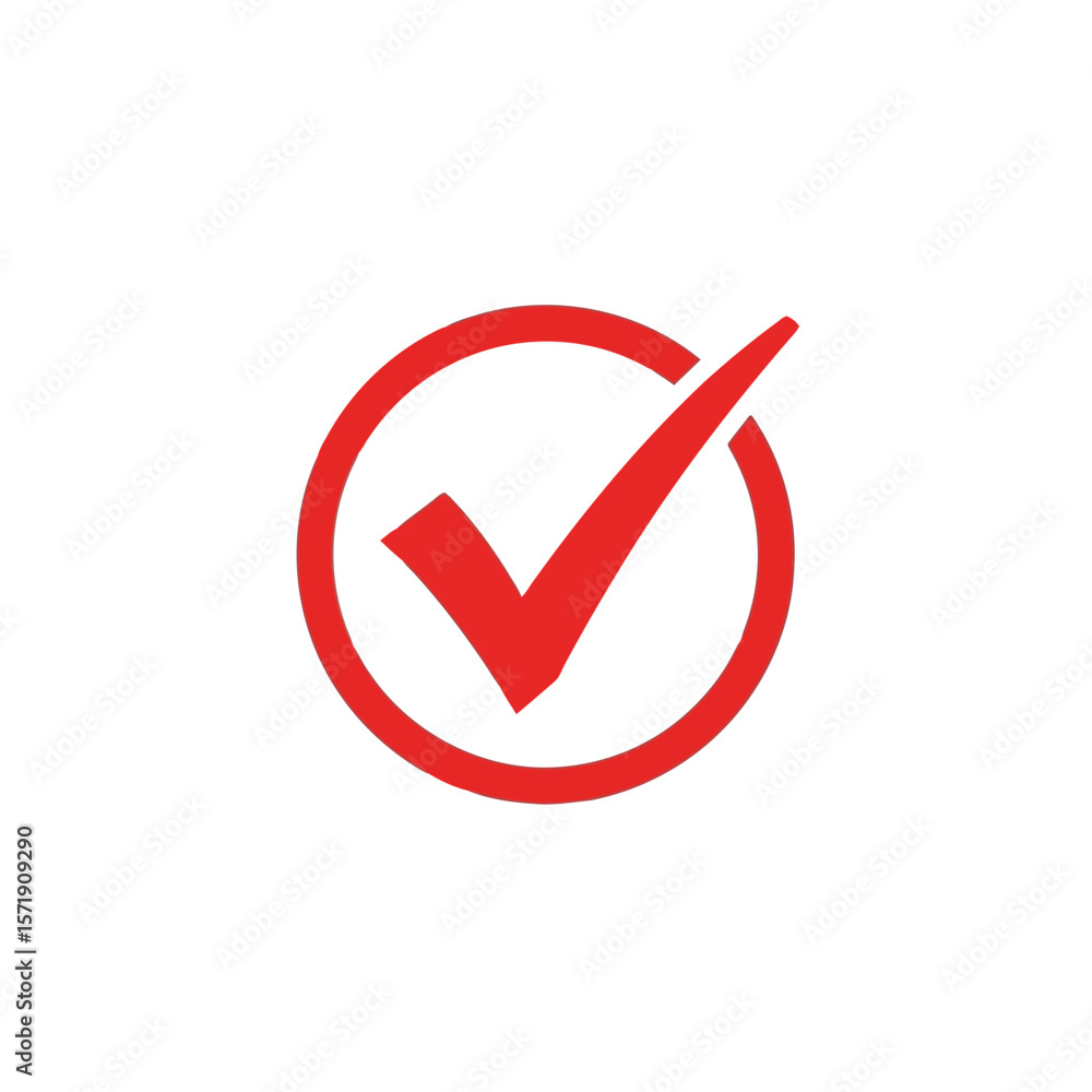Poster a red check mark inside a red circle, isolated on white background, symbolizing approval and complet