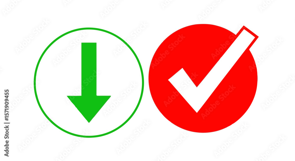 Poster a green downward arrow and a red check mark in circles represent choices isolated on white backgroun