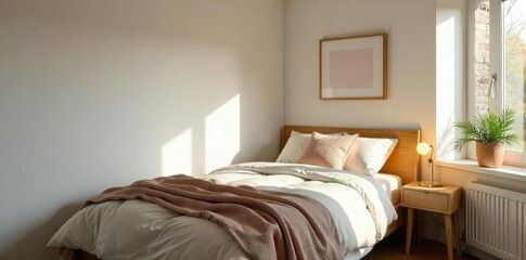 Cozy single bedroom with a minimalist aesthetic, featuring a comfortable bed, simple nightstand, and soft lighting Perfect for a small space or rental property , small bedroom, cozy bedroom, sheets