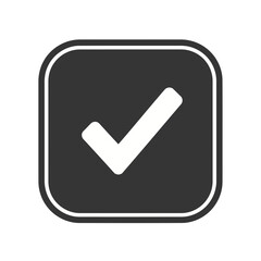A white check mark inside a black square, isolated on white background, signifies approval, confirmation, and validation