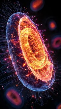 Engaging animated illustration of a biological cell focusing on the role of mitochondria in cellular respiration emphasizing the transformation of nutrients into energy through vibrant