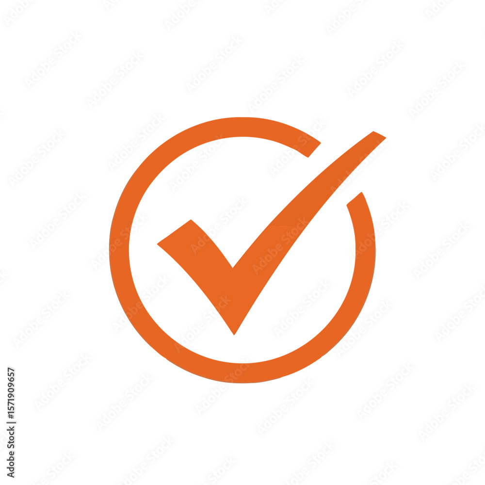 Poster an orange check mark inside a circle isolated on white background signifies approval and validation
