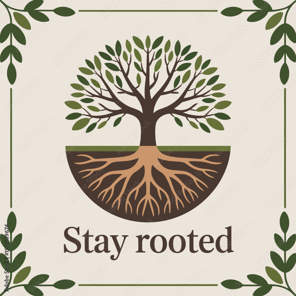 Poster a stylized illustration of a tree with visible roots symbolizing strength and grounding set within a