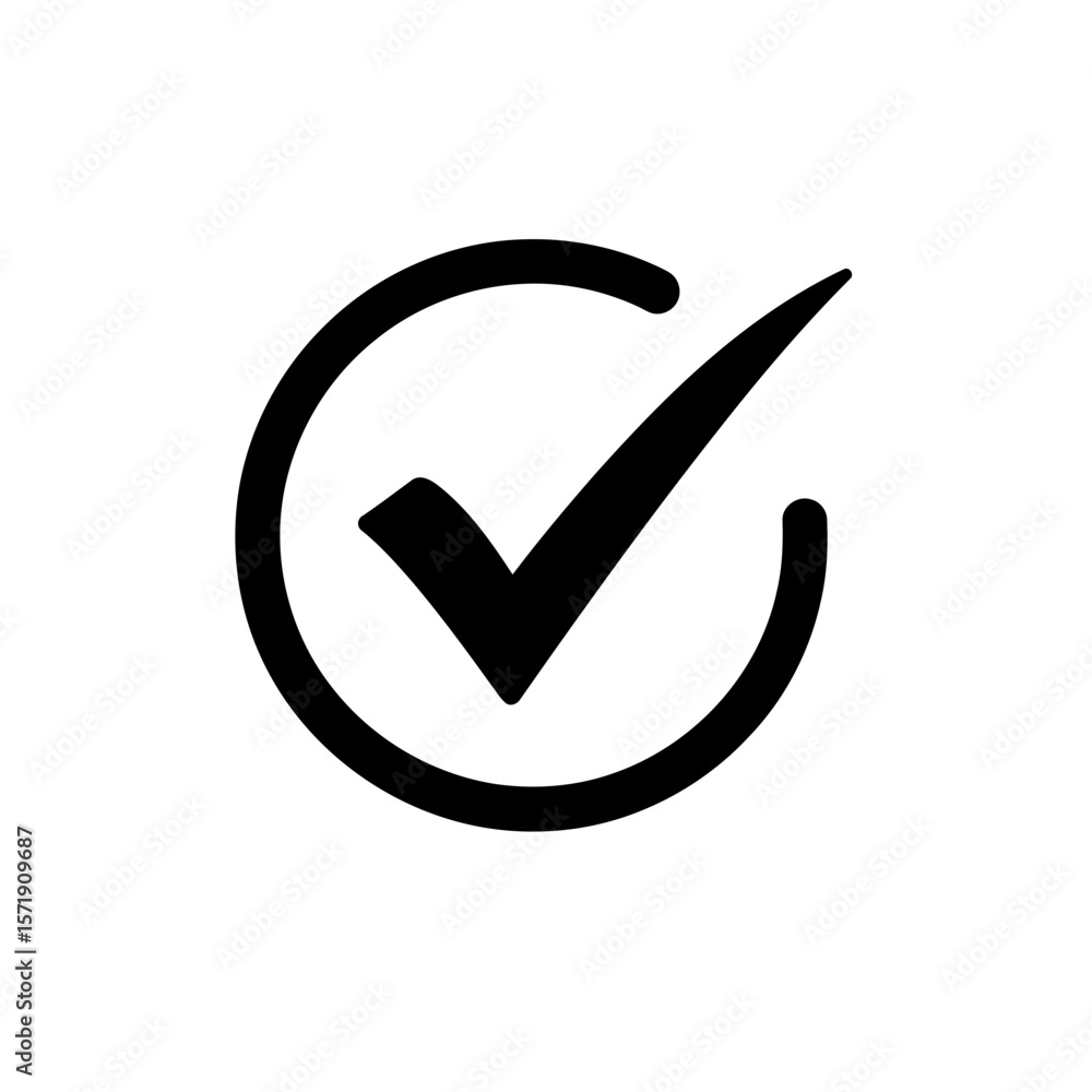 Poster a black check mark inside a circle isolated on white background signifies approval and validation