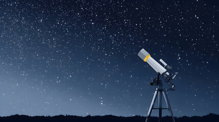 A telescope stands ready for stargazing under a vast, star-filled night sky, hinting at astronomical exploration.