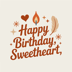 Retro style happy birthday sweetheart greeting card with a candle heart and feather illustration and warm color palette
