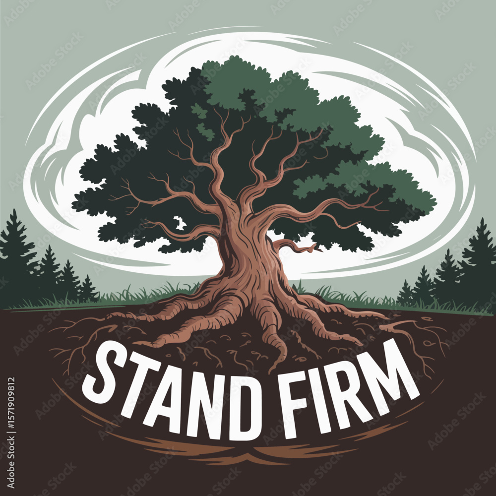 Poster a strong ancient tree with visible roots firmly planted in the earth symbolizing resilience and the 