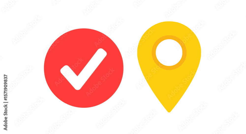 Aufkleber a red check mark inside a circle and a yellow location pin are isolated on white background