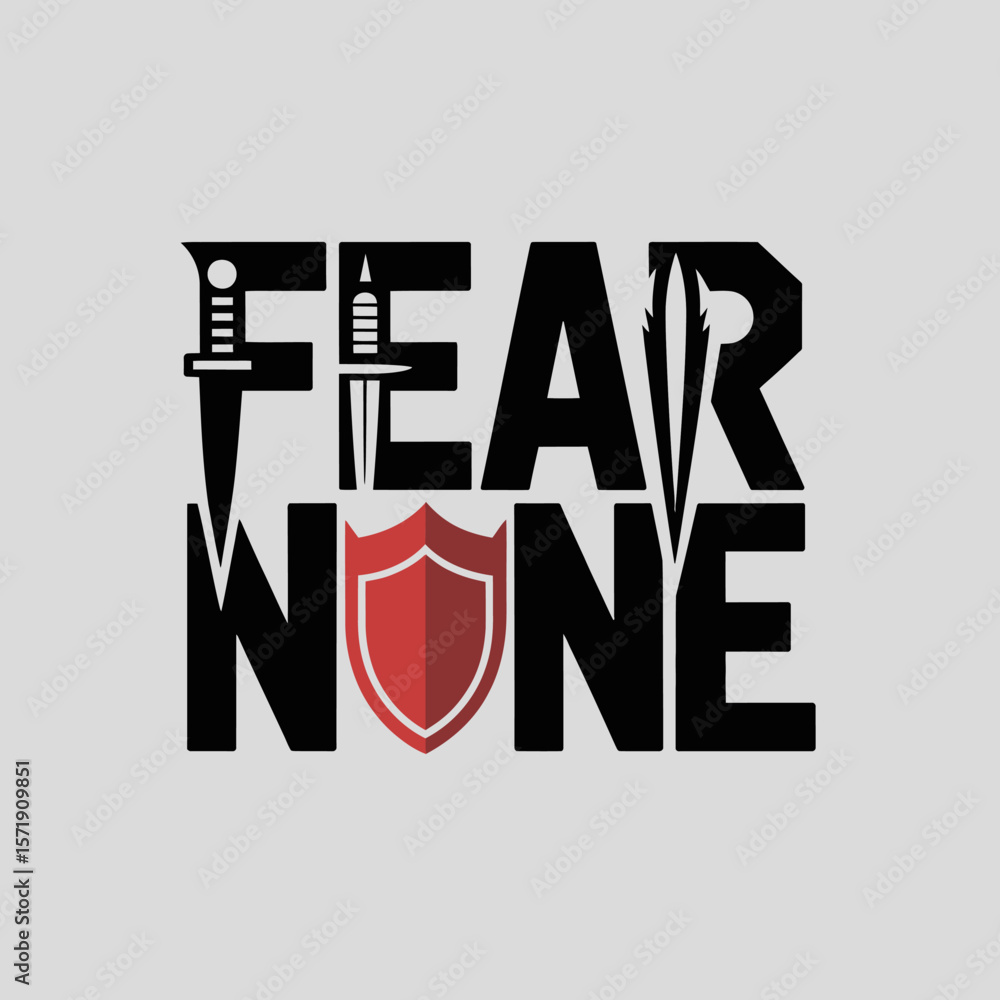 Aufkleber fear none typography design featuring swords and a shield symbolizing strength and courage against a