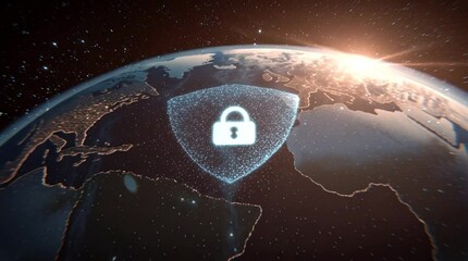 View of earth from space with a glowing shield and padlock overlay representing cyber security - Powered by Adobe