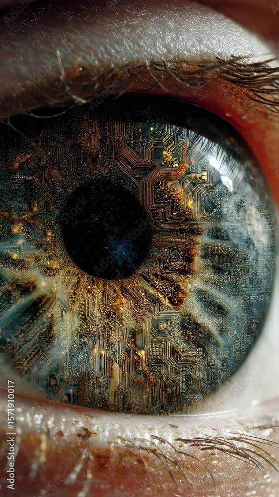 Poster electronic circuit is replacing human eye in this close up conceptual image depicting artificial int