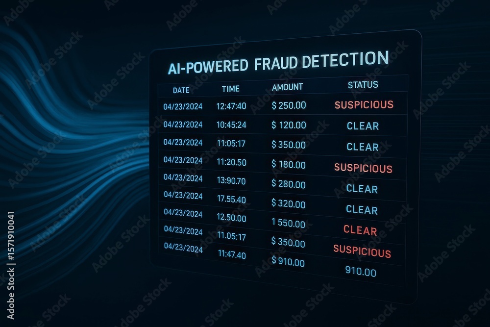 Poster ai powered fraud detection interface showing transaction details list