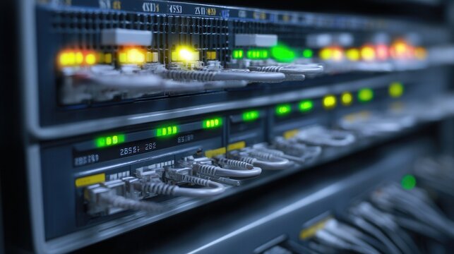 Close up of a server rack with cables and blinking lights