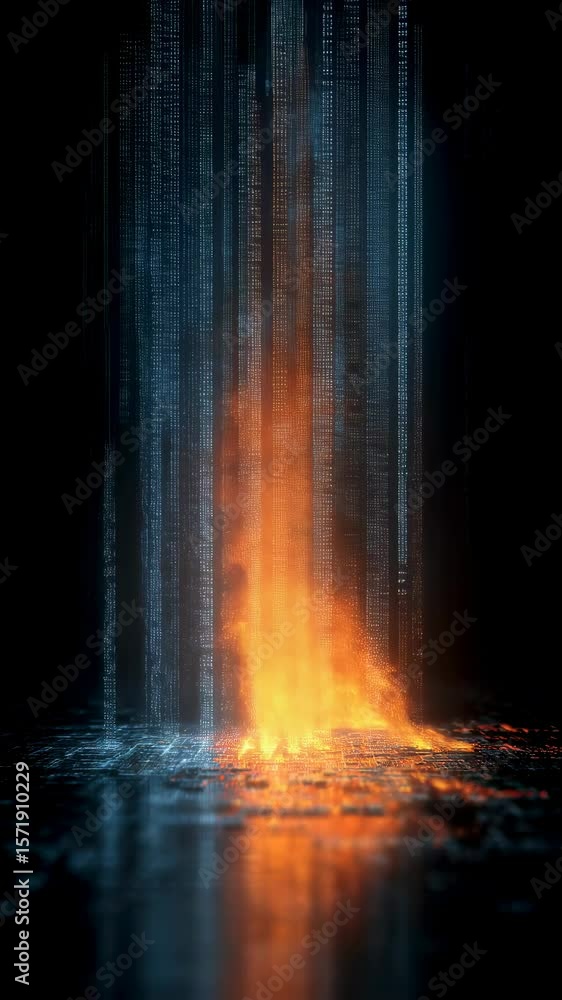 Poster orange digital fire burning on a reflective floor with binary code rain falling in the background, c