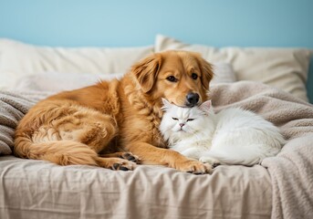Obraz premium Affectionate Dog and Cat Relaxing Together on a Bed. Generative Ai