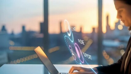 Woman manages customer support channels on a laptop in a modern office - Powered by Adobe