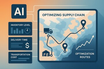 Illustration showing ai optimizing supply chain with delivery routes