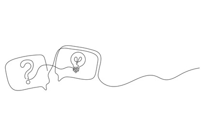 Quick tips concept in one line. Hand-drawn vector with light bulb, question mark, and speech bubbles. Minimalist continuous line drawing. Isolated on white.