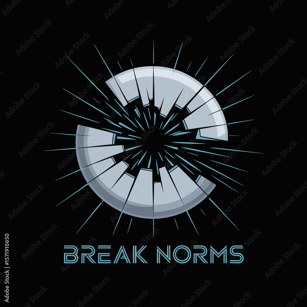 Poster abstract shattered circle with radiating light rays and the text break norms against a black backgro
