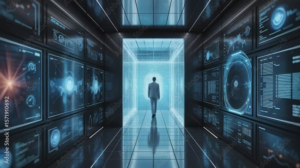 Poster man walks in futuristic corridor with digital data and glowing technology