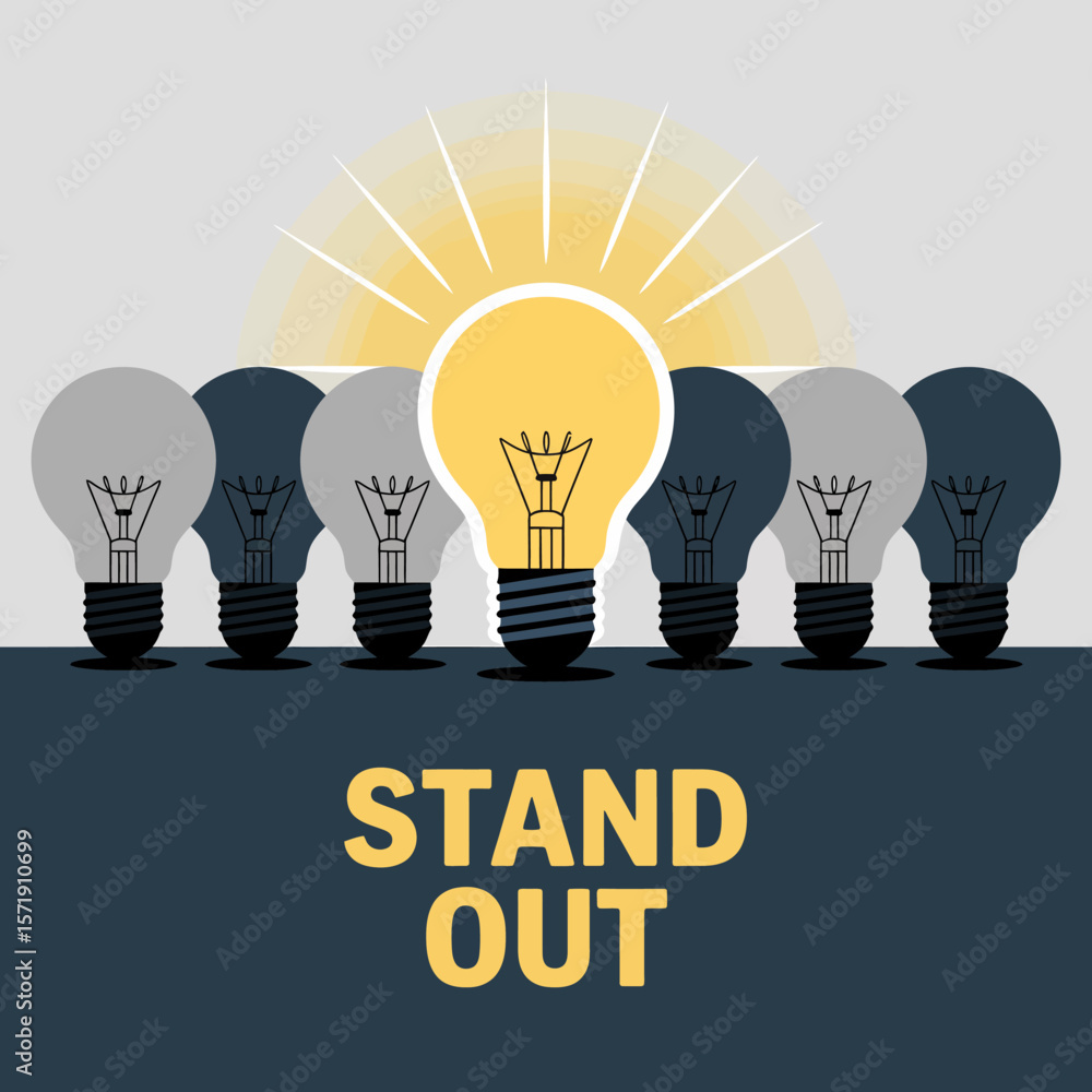 Poster a single illuminated light bulb stands out from a row of unlit bulbs symbolizing individuality innov
