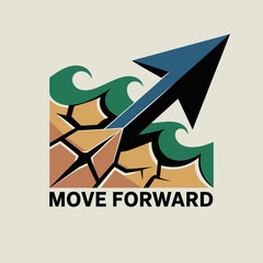 A blue arrow breaks through cracked earth and green waves symbolizing overcoming obstacles and moving forward with determination and progress